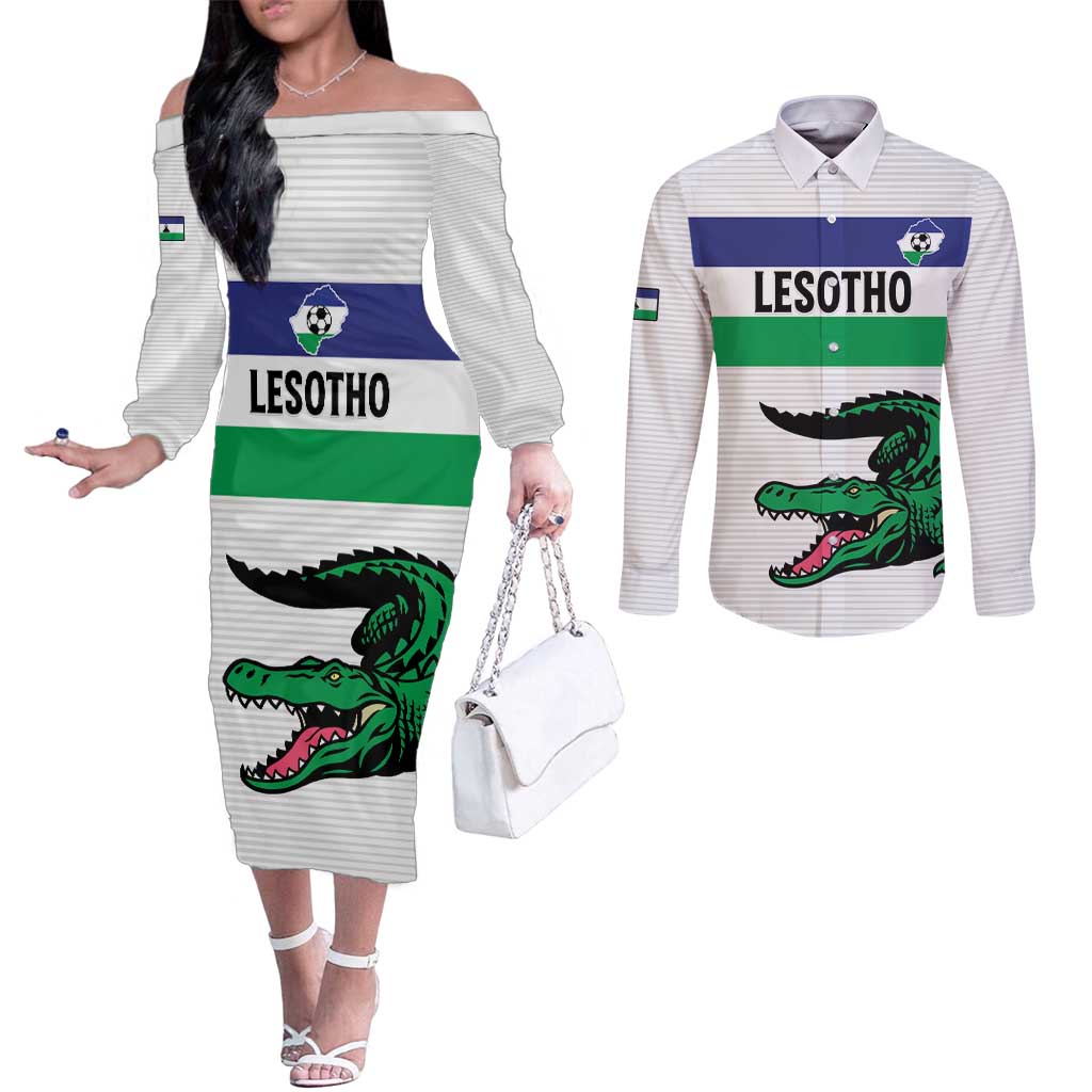 Custom Lesotho Football Couples Matching Off The Shoulder Long Sleeve Dress and Long Sleeve Button Shirt Likuena For Victory