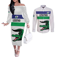 Custom Lesotho Football Couples Matching Off The Shoulder Long Sleeve Dress and Long Sleeve Button Shirt Likuena For Victory