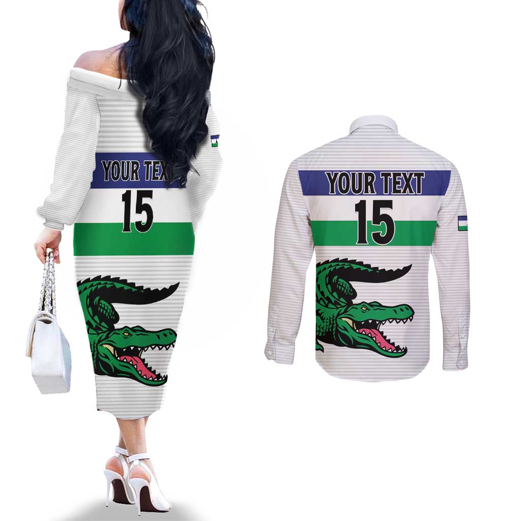 Custom Lesotho Football Couples Matching Off The Shoulder Long Sleeve Dress and Long Sleeve Button Shirt Likuena For Victory