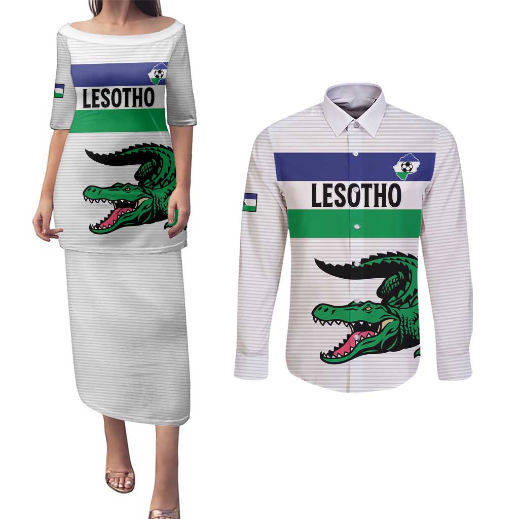 Custom Lesotho Football Couples Matching Puletasi and Long Sleeve Button Shirt Likuena For Victory