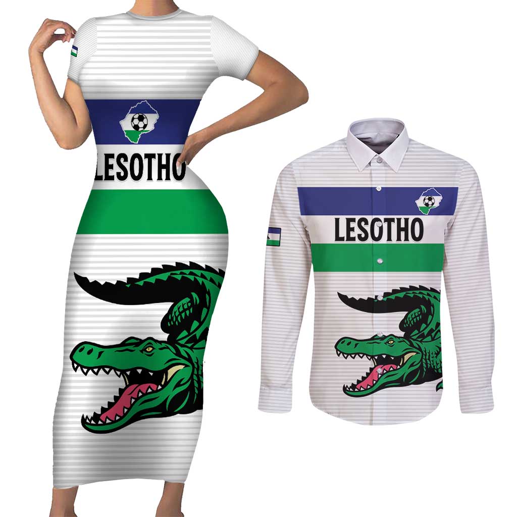 Custom Lesotho Football Couples Matching Short Sleeve Bodycon Dress and Long Sleeve Button Shirt Likuena For Victory