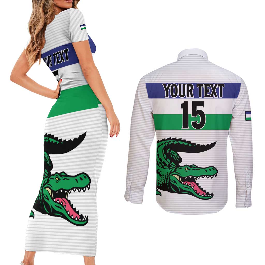 Custom Lesotho Football Couples Matching Short Sleeve Bodycon Dress and Long Sleeve Button Shirt Likuena For Victory