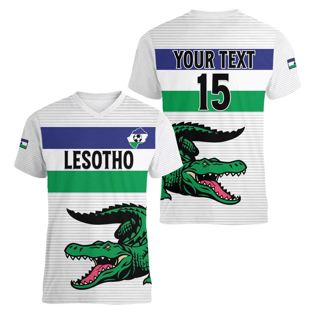 Custom Lesotho Football Women V-Neck T-Shirt Likuena For Victory