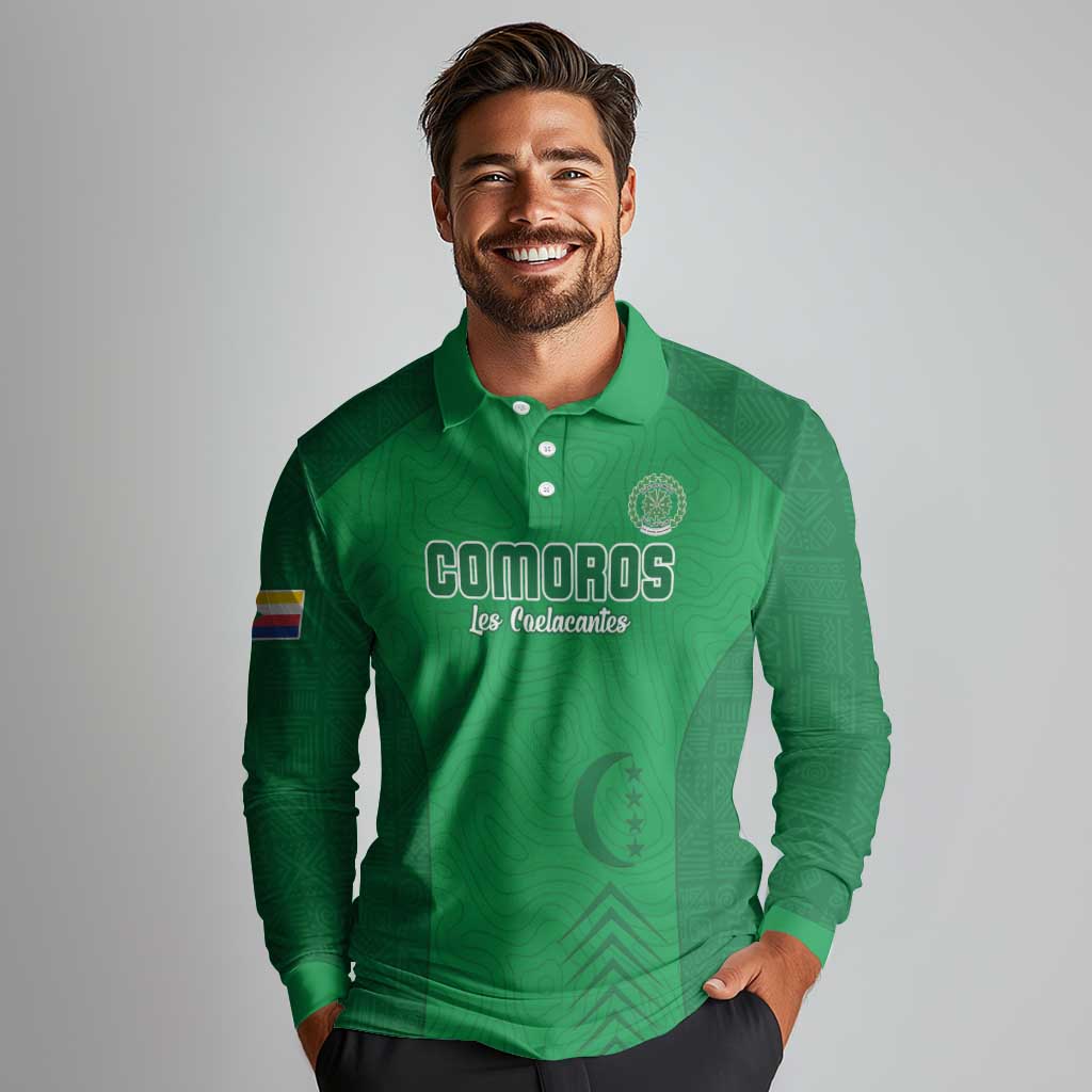 Custom Comoros Football Long Sleeve Polo Shirt Allez Les Coelacantes