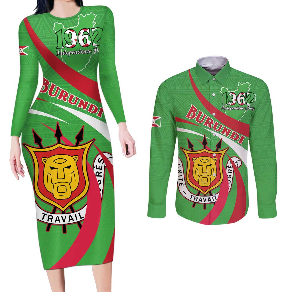 Personalized Burundi Independence Day Couples Matching Long Sleeve Bodycon Dress and Long Sleeve Button Shirt Coat Of Arms With Map