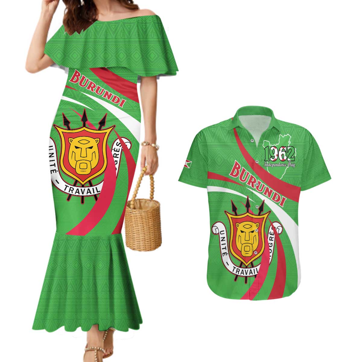 Personalized Burundi Independence Day Couples Matching Mermaid Dress and Hawaiian Shirt Coat Of Arms With Map