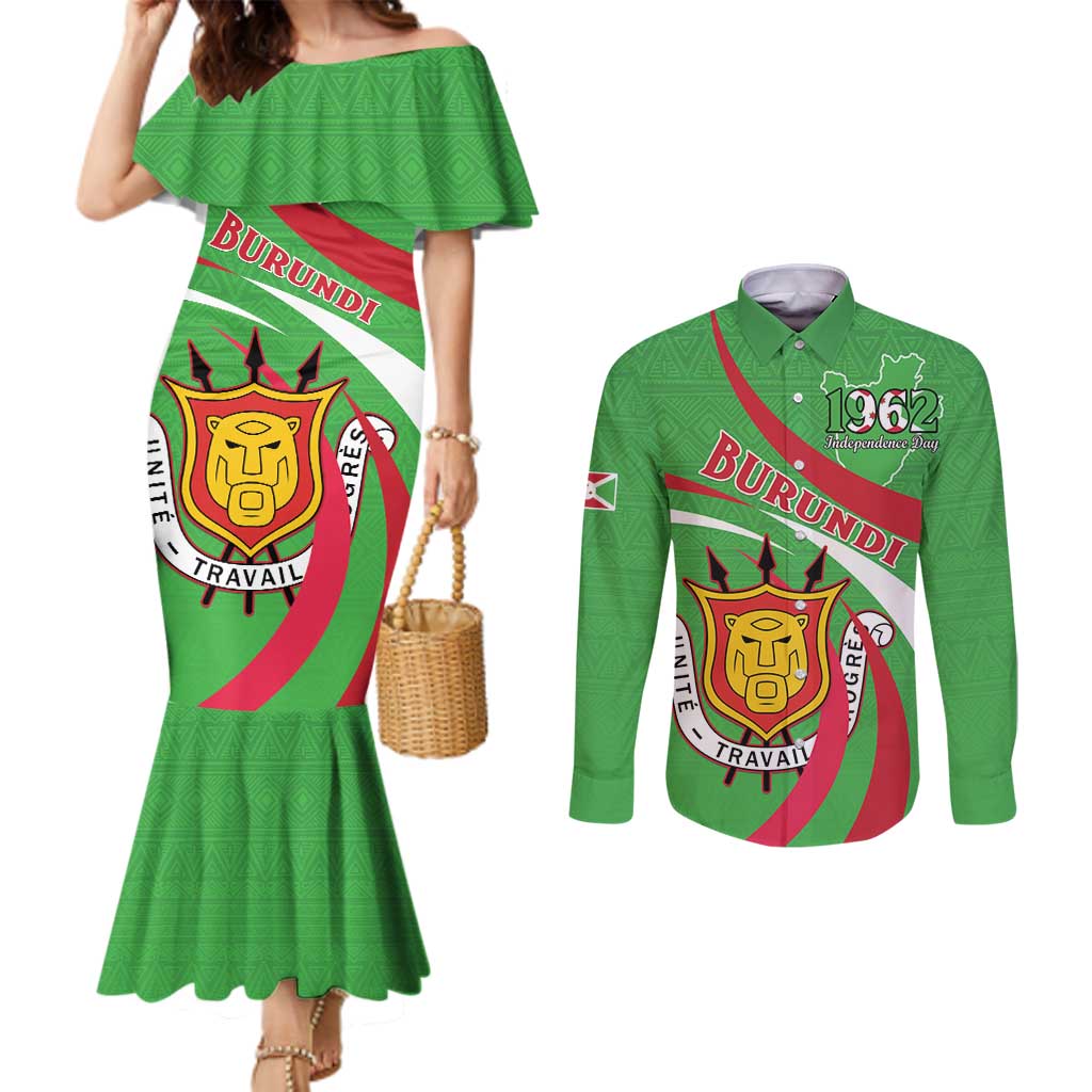 Personalized Burundi Independence Day Couples Matching Mermaid Dress and Long Sleeve Button Shirt Coat Of Arms With Map