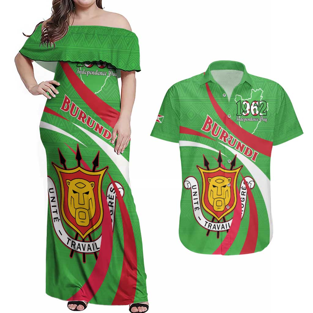 Personalized Burundi Independence Day Couples Matching Off Shoulder Maxi Dress and Hawaiian Shirt Coat Of Arms With Map