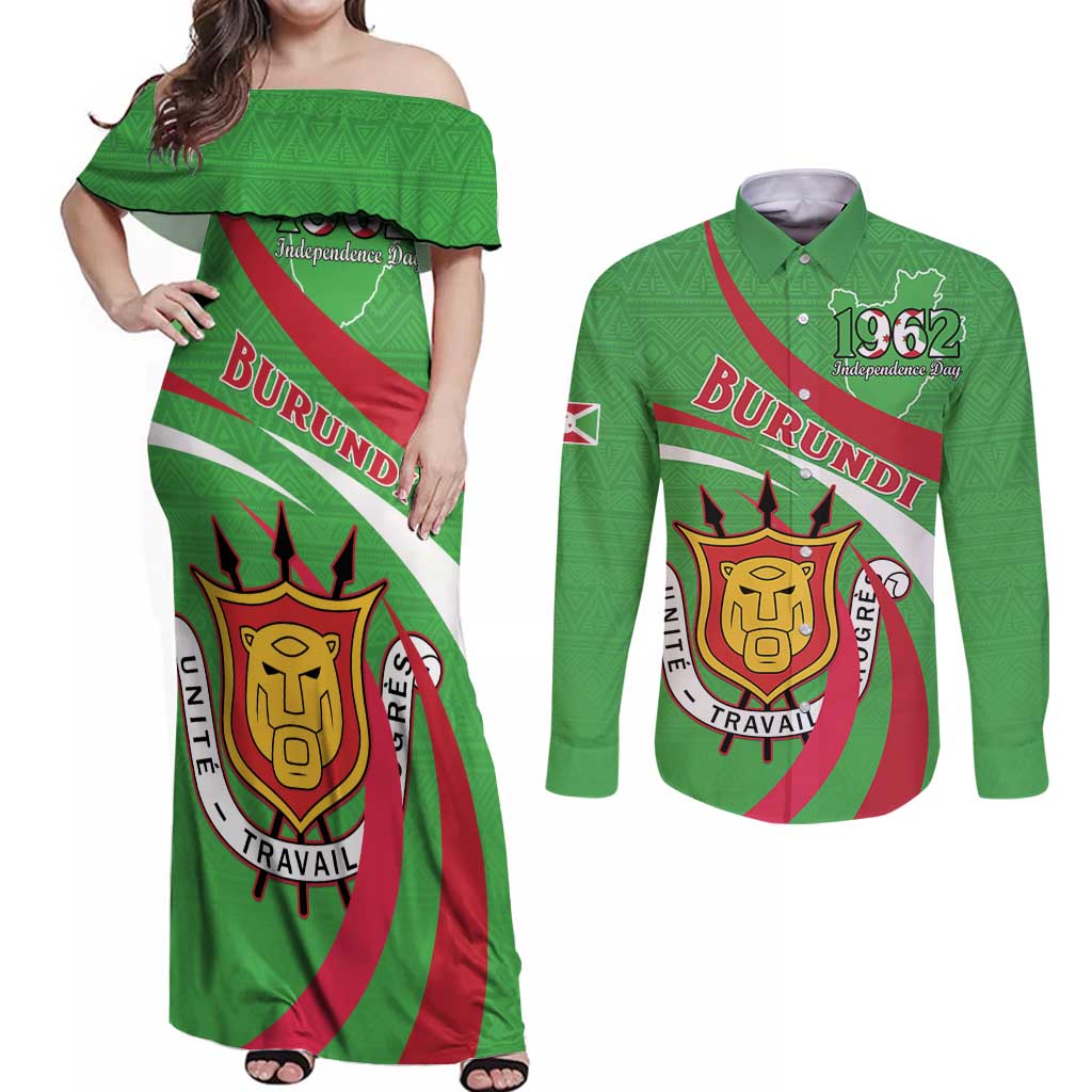 Personalized Burundi Independence Day Couples Matching Off Shoulder Maxi Dress and Long Sleeve Button Shirt Coat Of Arms With Map