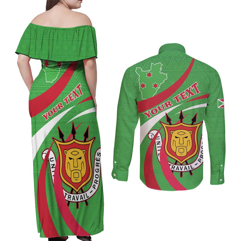 Personalized Burundi Independence Day Couples Matching Off Shoulder Maxi Dress and Long Sleeve Button Shirt Coat Of Arms With Map