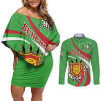 Personalized Burundi Independence Day Couples Matching Off Shoulder Short Dress and Long Sleeve Button Shirt Coat Of Arms With Map