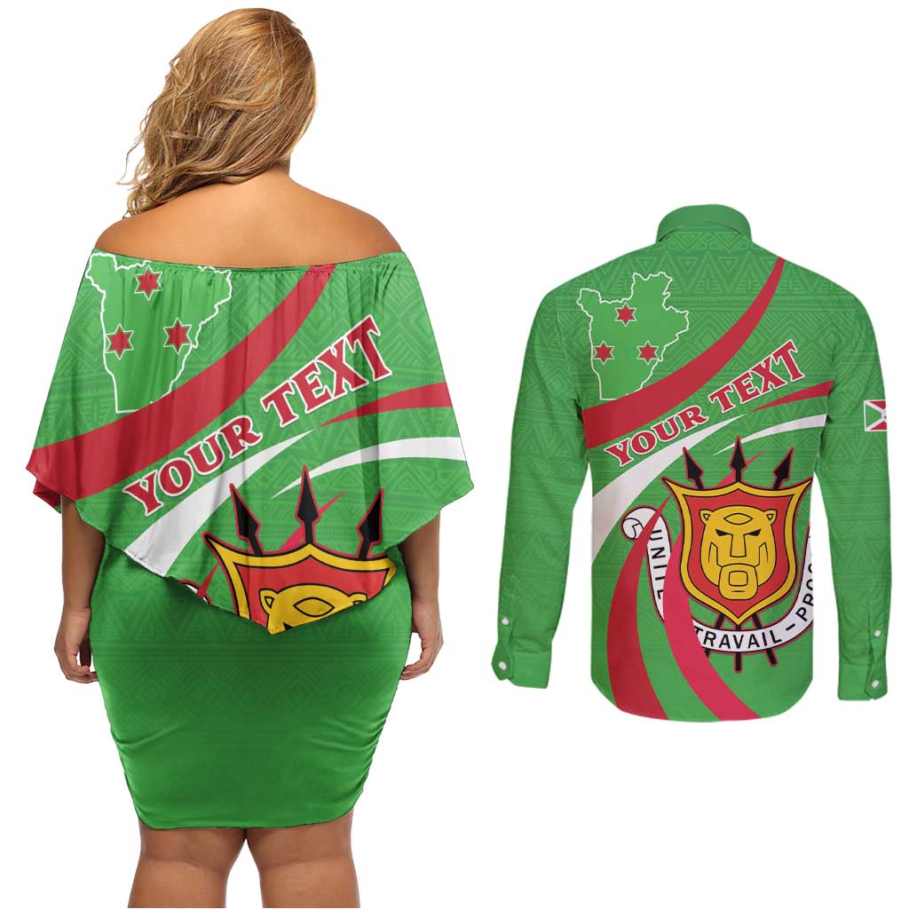 Personalized Burundi Independence Day Couples Matching Off Shoulder Short Dress and Long Sleeve Button Shirt Coat Of Arms With Map