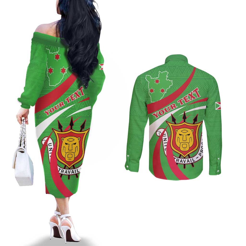 Personalized Burundi Independence Day Couples Matching Off The Shoulder Long Sleeve Dress and Long Sleeve Button Shirt Coat Of Arms With Map