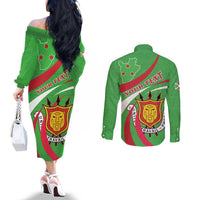 Personalized Burundi Independence Day Couples Matching Off The Shoulder Long Sleeve Dress and Long Sleeve Button Shirt Coat Of Arms With Map