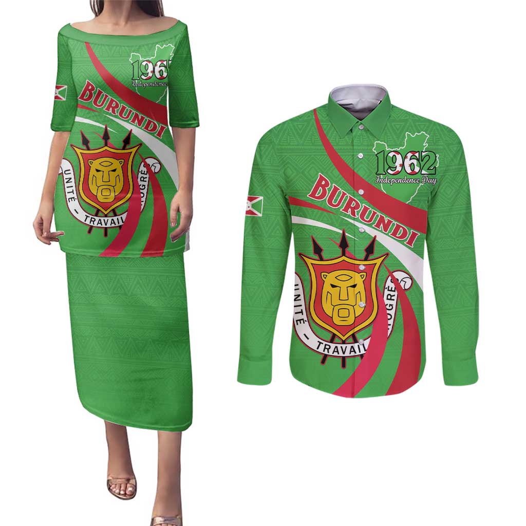 Personalized Burundi Independence Day Couples Matching Puletasi and Long Sleeve Button Shirt Coat Of Arms With Map