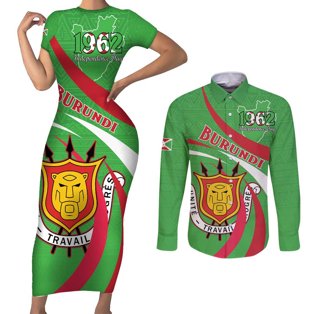 Personalized Burundi Independence Day Couples Matching Short Sleeve Bodycon Dress and Long Sleeve Button Shirt Coat Of Arms With Map