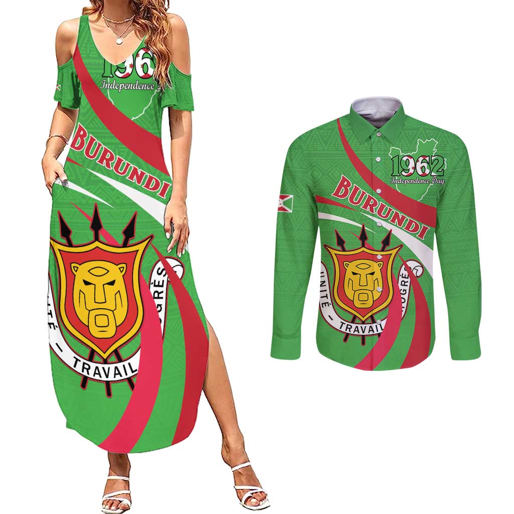 Personalized Burundi Independence Day Couples Matching Summer Maxi Dress and Long Sleeve Button Shirt Coat Of Arms With Map