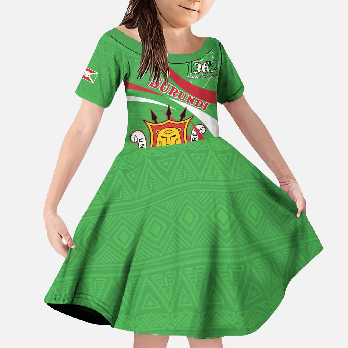 Personalized Burundi Independence Day Family Matching Off The Shoulder Long Sleeve Dress and Hawaiian Shirt Coat Of Arms With Map