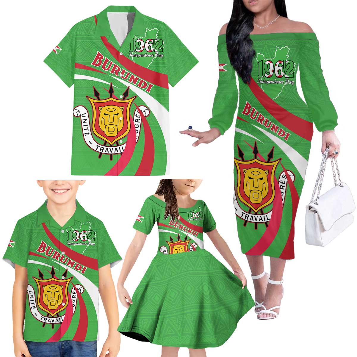 Personalized Burundi Independence Day Family Matching Off The Shoulder Long Sleeve Dress and Hawaiian Shirt Coat Of Arms With Map