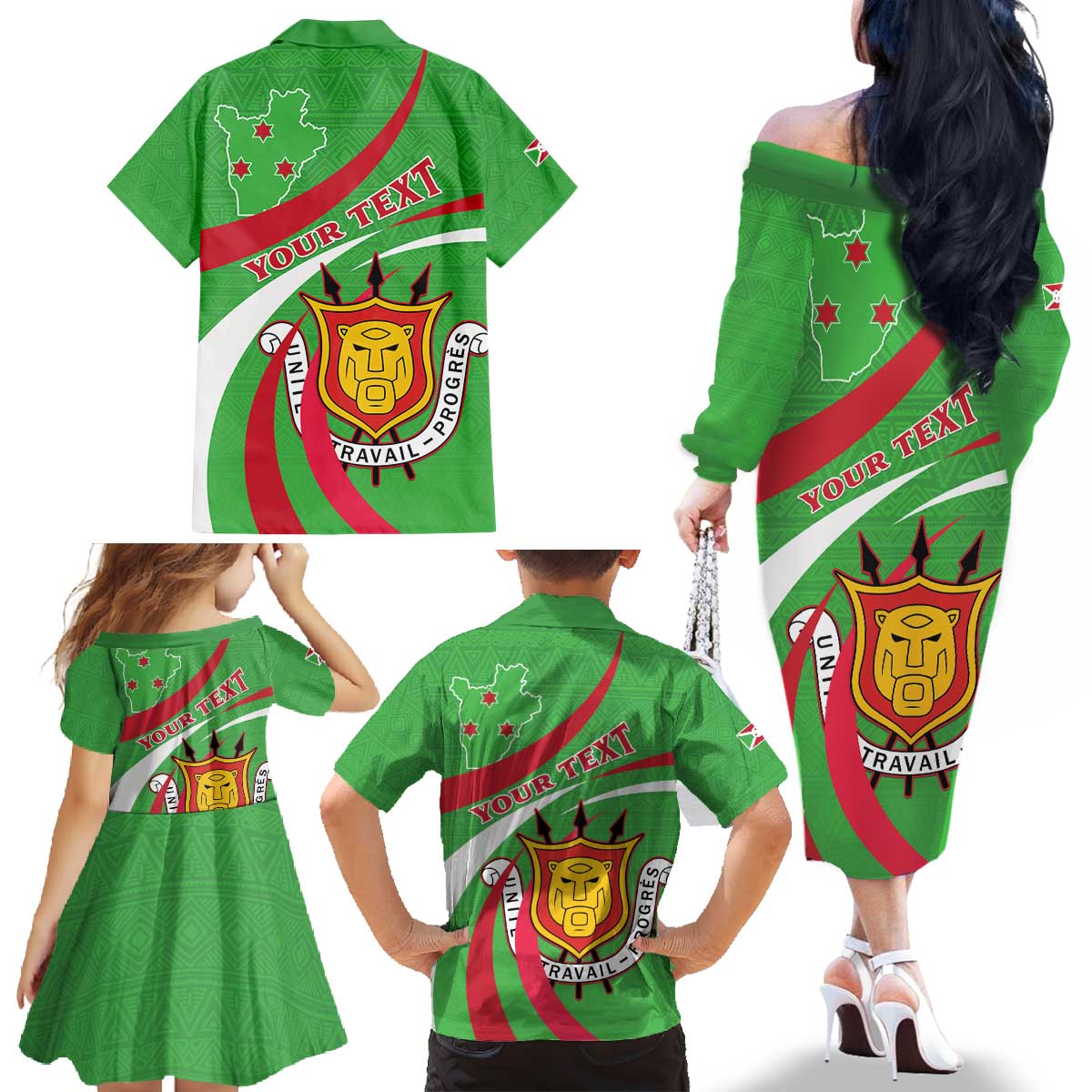 Personalized Burundi Independence Day Family Matching Off The Shoulder Long Sleeve Dress and Hawaiian Shirt Coat Of Arms With Map