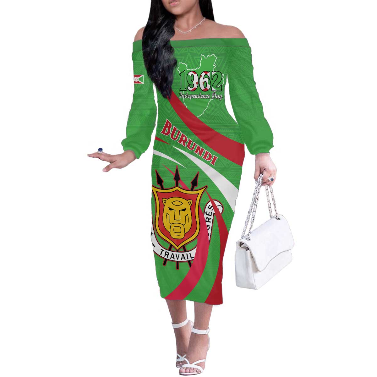 Personalized Burundi Independence Day Family Matching Off The Shoulder Long Sleeve Dress and Hawaiian Shirt Coat Of Arms With Map
