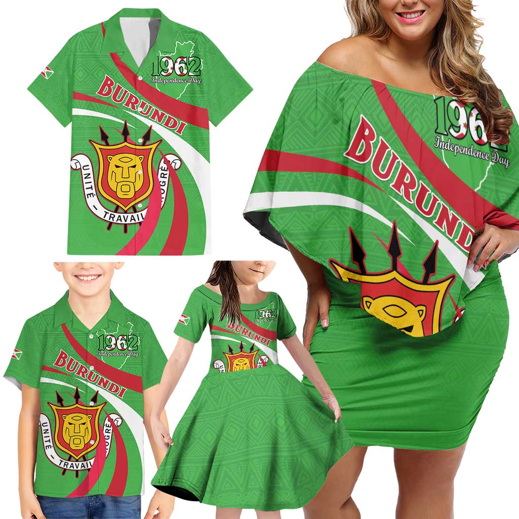 Personalized Burundi Independence Day Family Matching Off Shoulder Short Dress and Hawaiian Shirt Coat Of Arms With Map