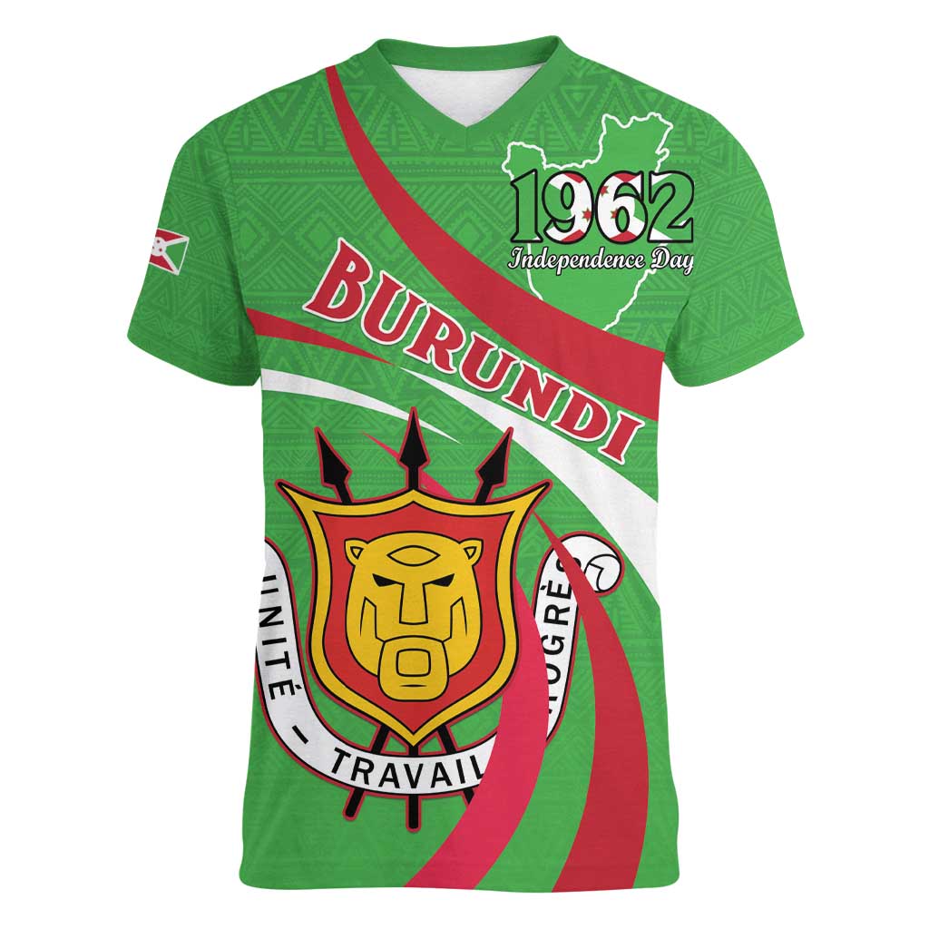 Personalized Burundi Independence Day Women V-Neck T-Shirt Coat Of Arms With Map