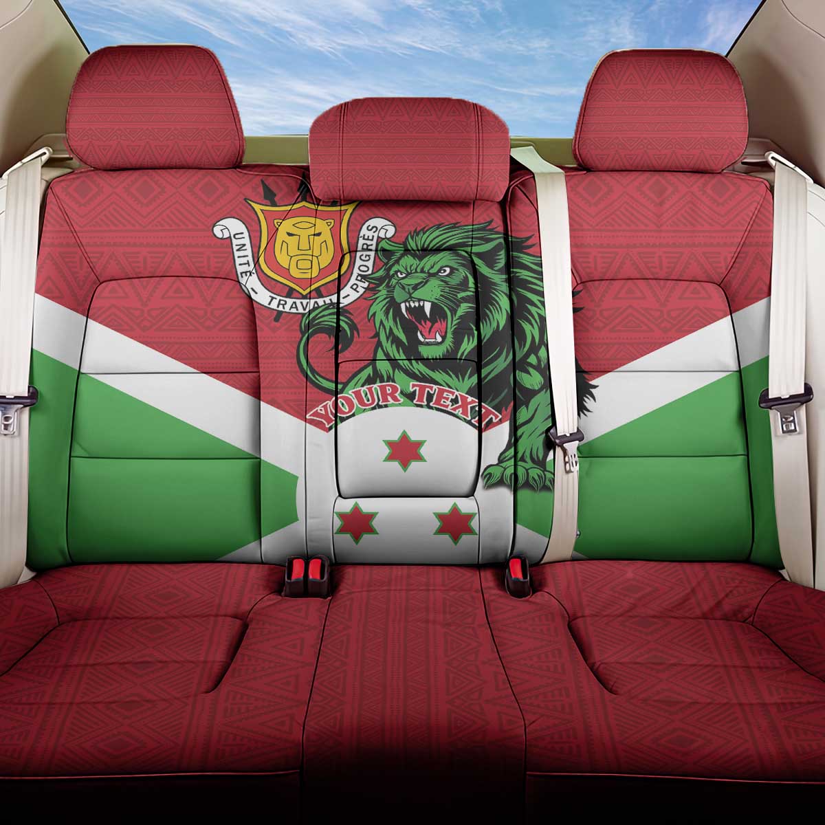 Personalized Burundi Back Car Seat Cover Lion and Coat Of Arms - Flag Style