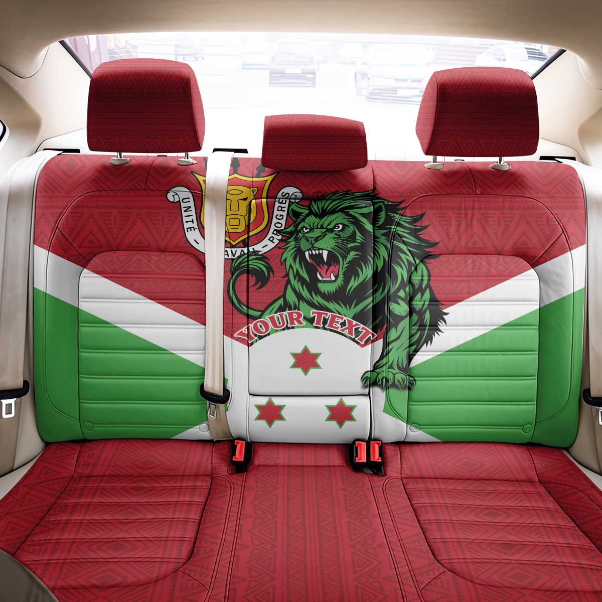 Personalized Burundi Back Car Seat Cover Lion and Coat Of Arms - Flag Style