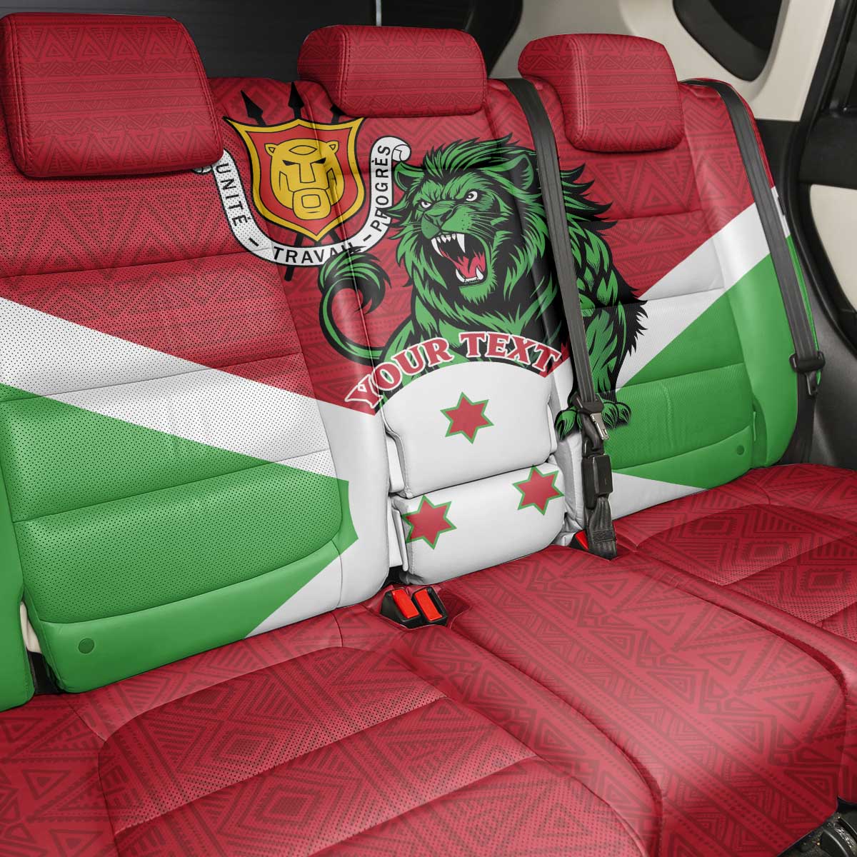Personalized Burundi Back Car Seat Cover Lion and Coat Of Arms - Flag Style
