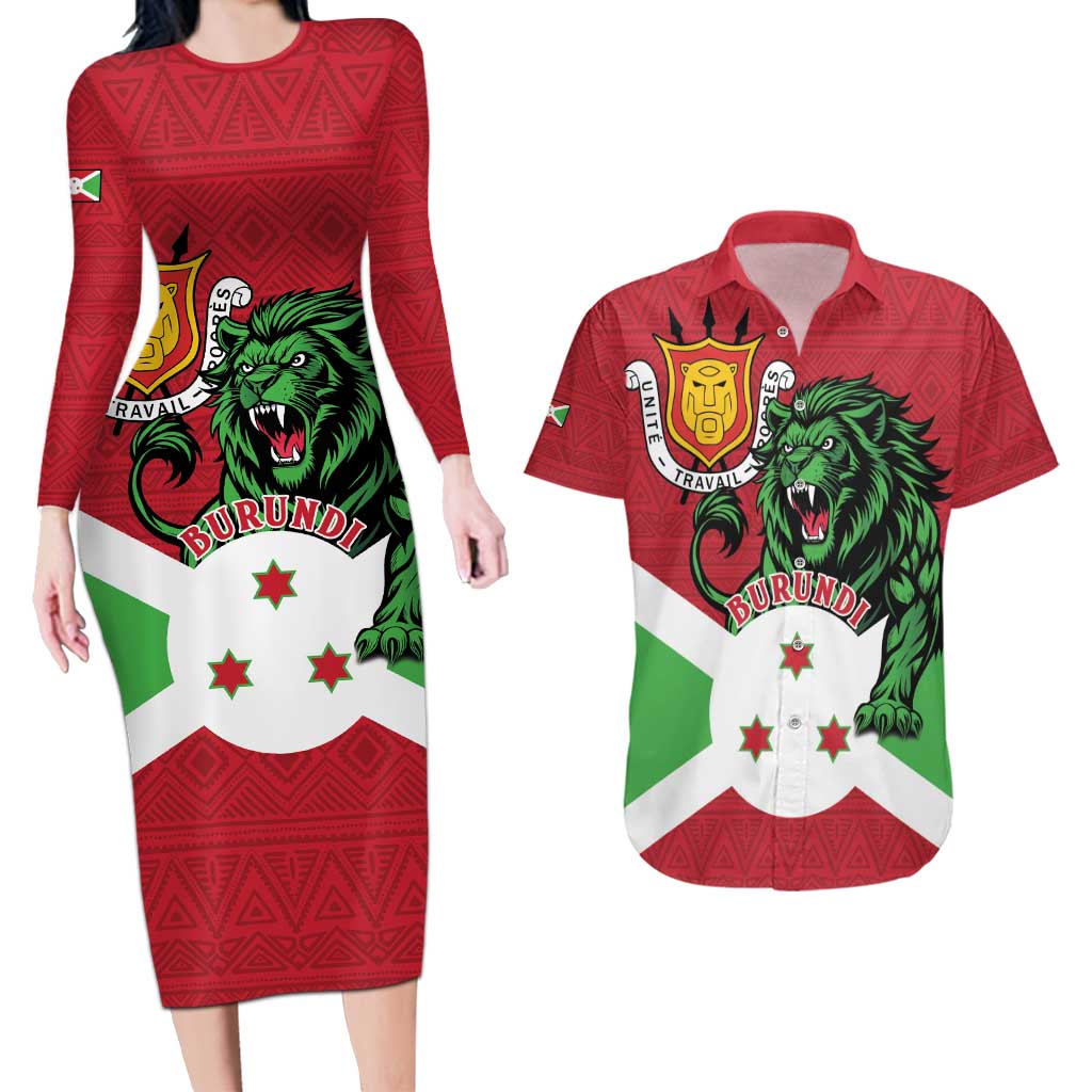Personalized Burundi Couples Matching Long Sleeve Bodycon Dress and Hawaiian Shirt Lion and Coat Of Arms - Flag Style