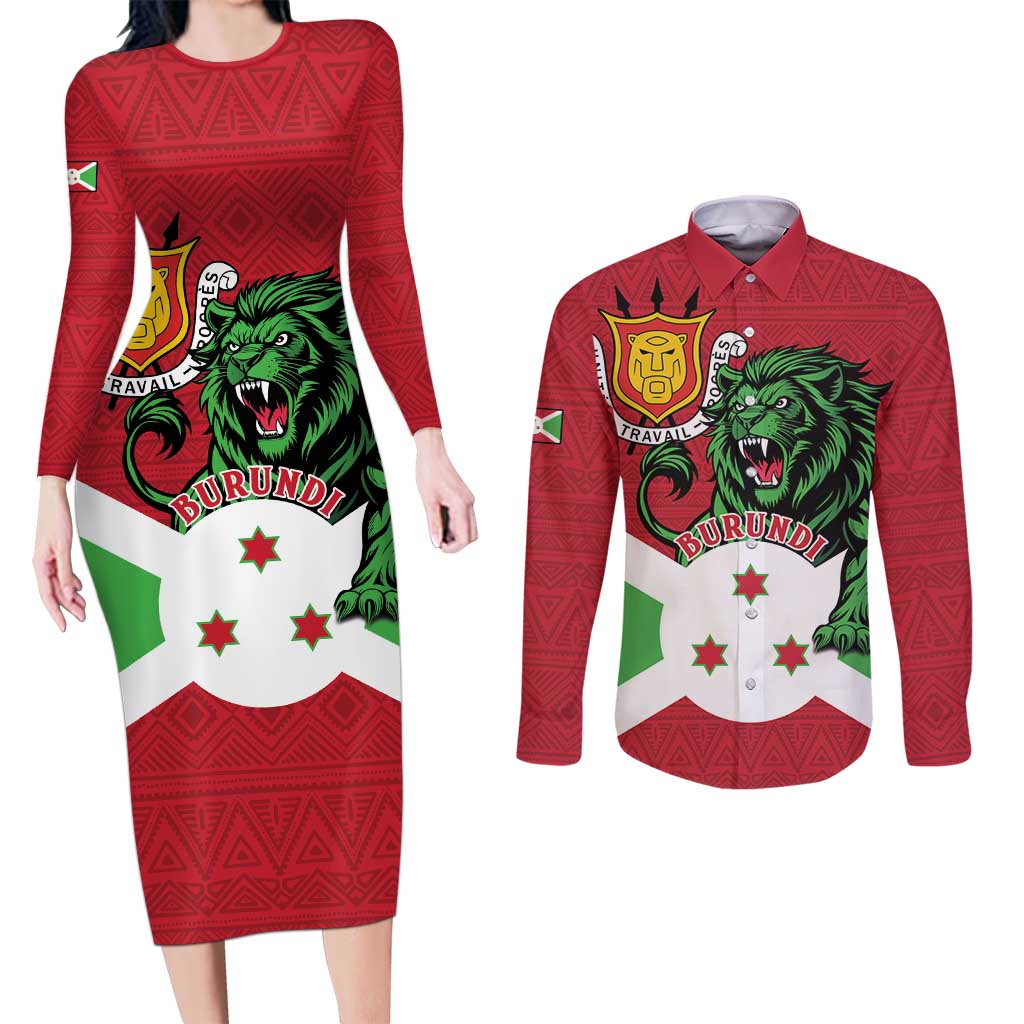 Personalized Burundi Couples Matching Long Sleeve Bodycon Dress and Long Sleeve Button Shirt Lion and Coat Of Arms - Flag Style