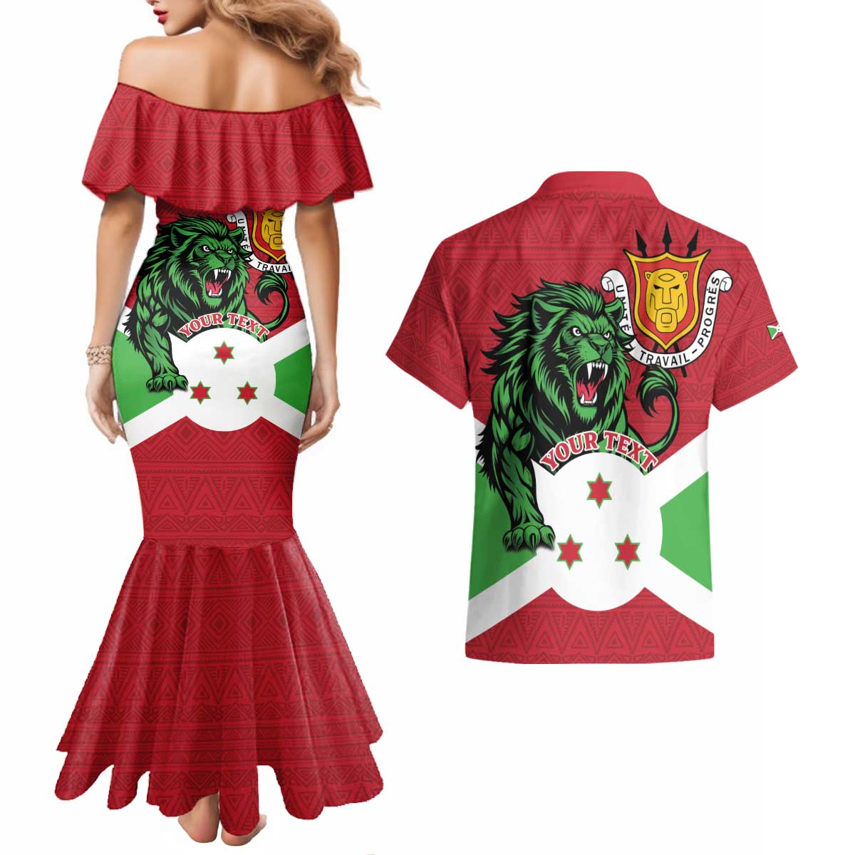 Personalized Burundi Couples Matching Mermaid Dress and Hawaiian Shirt Lion and Coat Of Arms - Flag Style