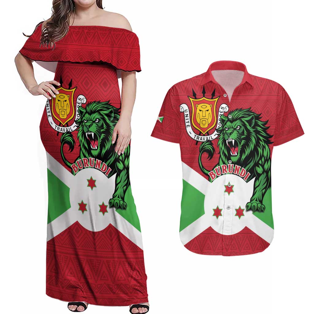 Personalized Burundi Couples Matching Off Shoulder Maxi Dress and Hawaiian Shirt Lion and Coat Of Arms - Flag Style