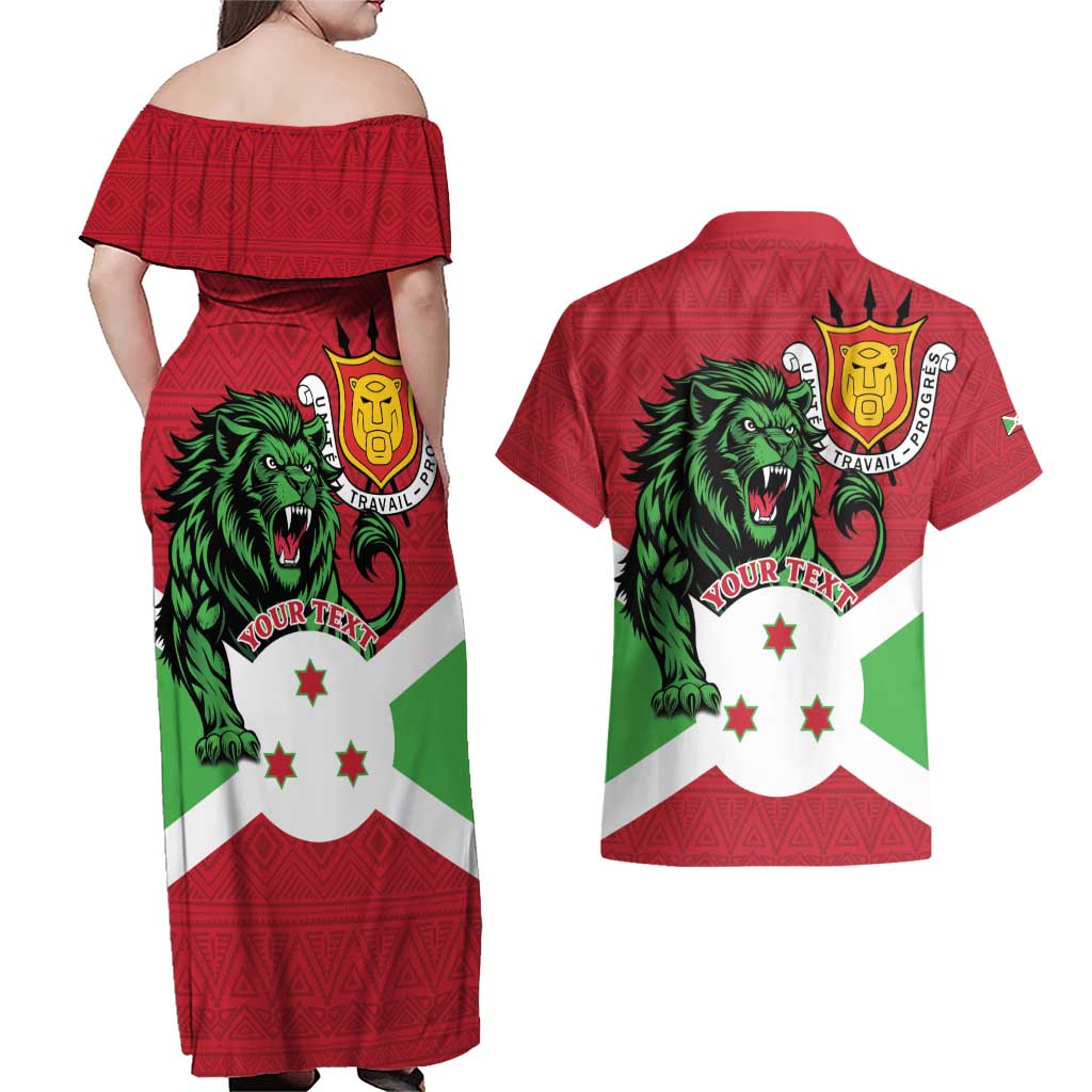 Personalized Burundi Couples Matching Off Shoulder Maxi Dress and Hawaiian Shirt Lion and Coat Of Arms - Flag Style