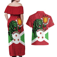 Personalized Burundi Couples Matching Off Shoulder Maxi Dress and Hawaiian Shirt Lion and Coat Of Arms - Flag Style