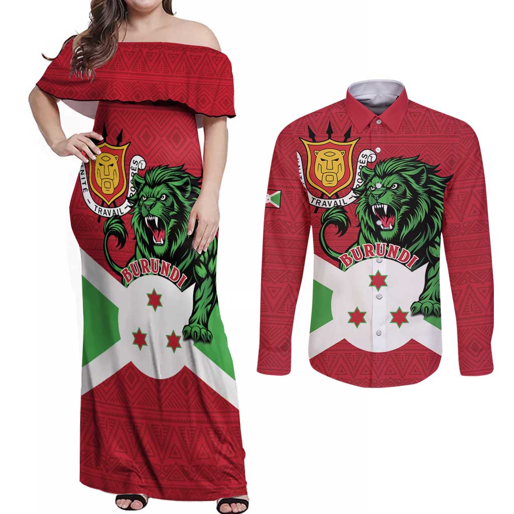 Personalized Burundi Couples Matching Off Shoulder Maxi Dress and Long Sleeve Button Shirt Lion and Coat Of Arms - Flag Style