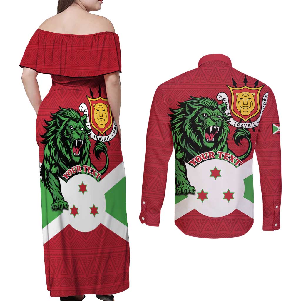 Personalized Burundi Couples Matching Off Shoulder Maxi Dress and Long Sleeve Button Shirt Lion and Coat Of Arms - Flag Style