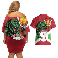 Personalized Burundi Couples Matching Off Shoulder Short Dress and Hawaiian Shirt Lion and Coat Of Arms - Flag Style