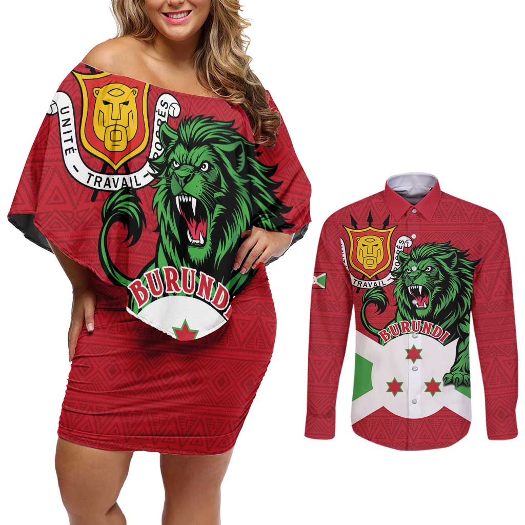 Personalized Burundi Couples Matching Off Shoulder Short Dress and Long Sleeve Button Shirt Lion and Coat Of Arms - Flag Style