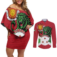 Personalized Burundi Couples Matching Off Shoulder Short Dress and Long Sleeve Button Shirt Lion and Coat Of Arms - Flag Style