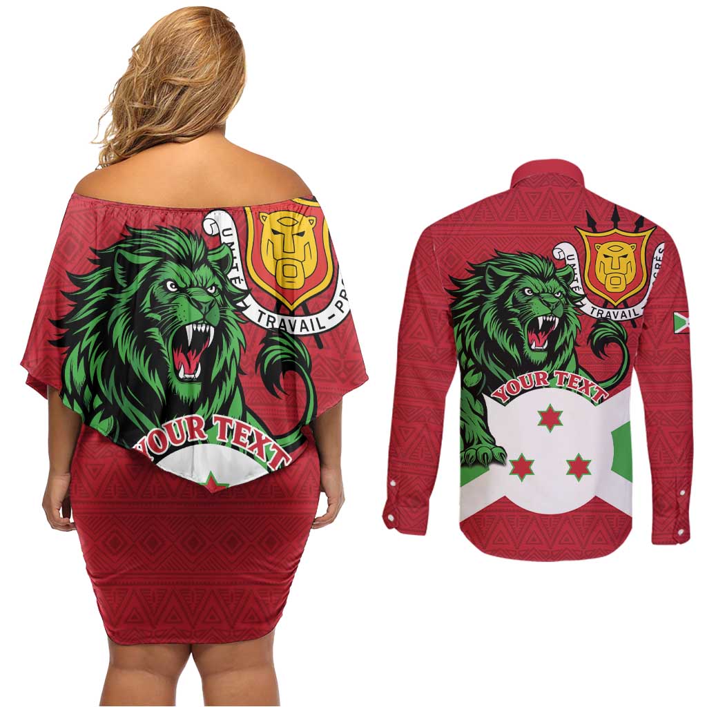 Personalized Burundi Couples Matching Off Shoulder Short Dress and Long Sleeve Button Shirt Lion and Coat Of Arms - Flag Style
