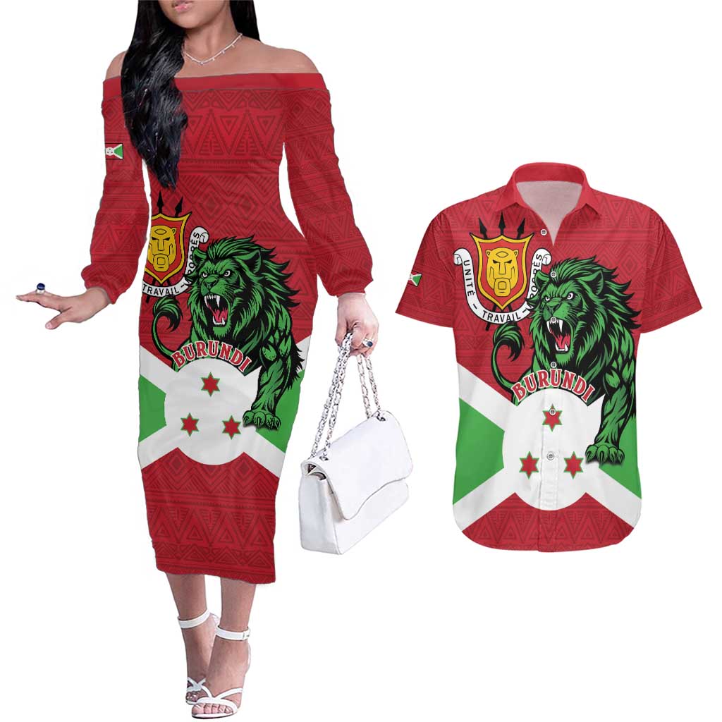 Personalized Burundi Couples Matching Off The Shoulder Long Sleeve Dress and Hawaiian Shirt Lion and Coat Of Arms - Flag Style