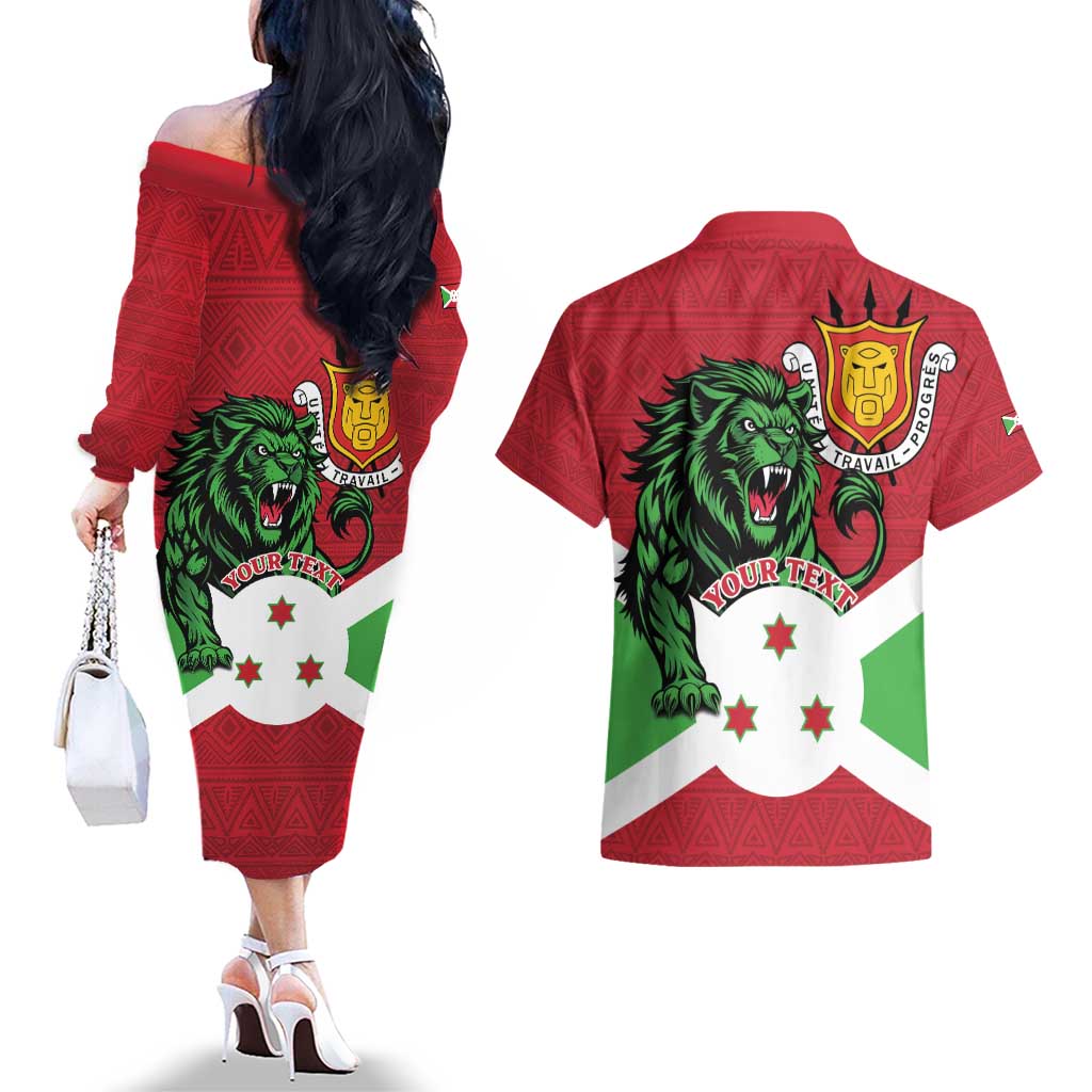 Personalized Burundi Couples Matching Off The Shoulder Long Sleeve Dress and Hawaiian Shirt Lion and Coat Of Arms - Flag Style