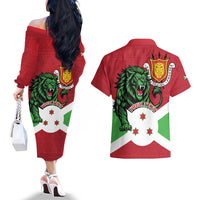 Personalized Burundi Couples Matching Off The Shoulder Long Sleeve Dress and Hawaiian Shirt Lion and Coat Of Arms - Flag Style