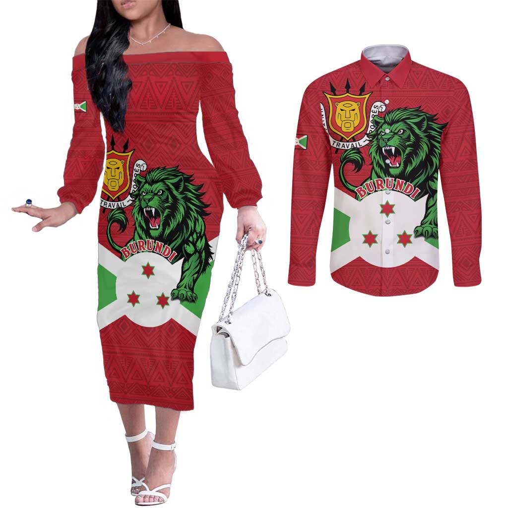 Personalized Burundi Couples Matching Off The Shoulder Long Sleeve Dress and Long Sleeve Button Shirt Lion and Coat Of Arms - Flag Style