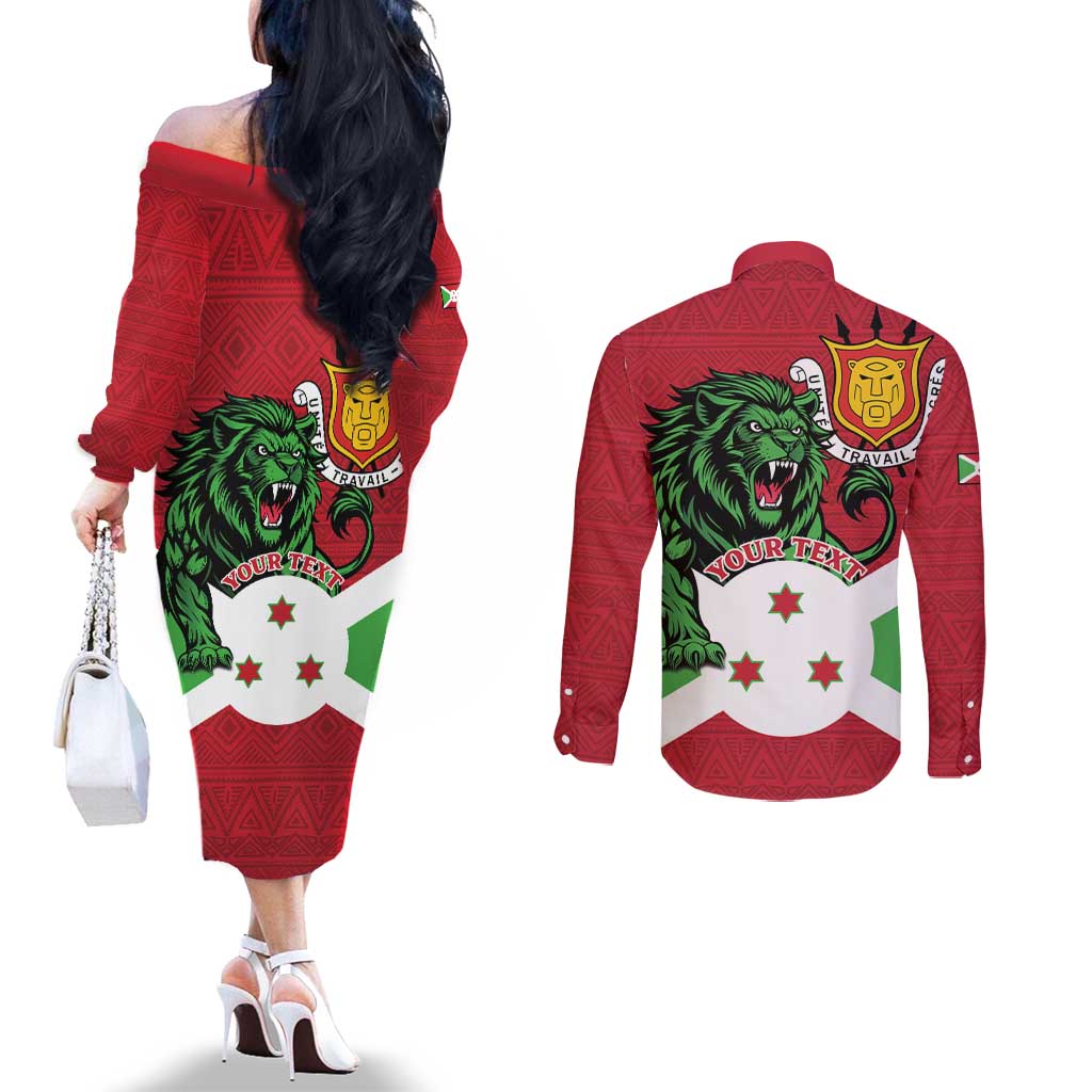 Personalized Burundi Couples Matching Off The Shoulder Long Sleeve Dress and Long Sleeve Button Shirt Lion and Coat Of Arms - Flag Style