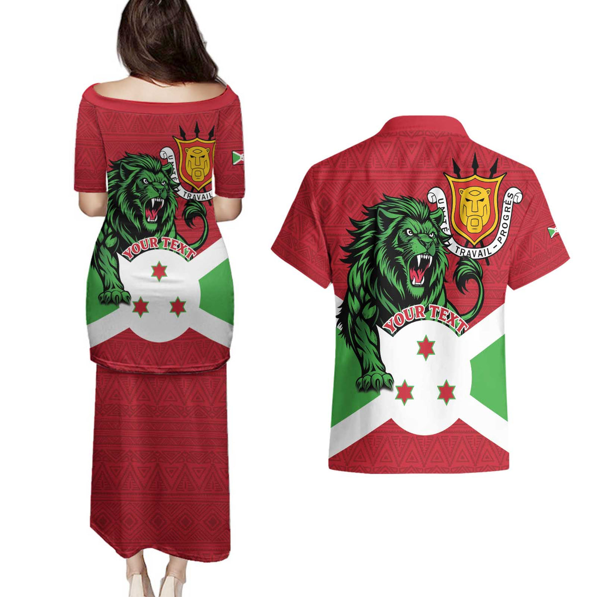 Personalized Burundi Couples Matching Puletasi and Hawaiian Shirt Lion and Coat Of Arms - Flag Style
