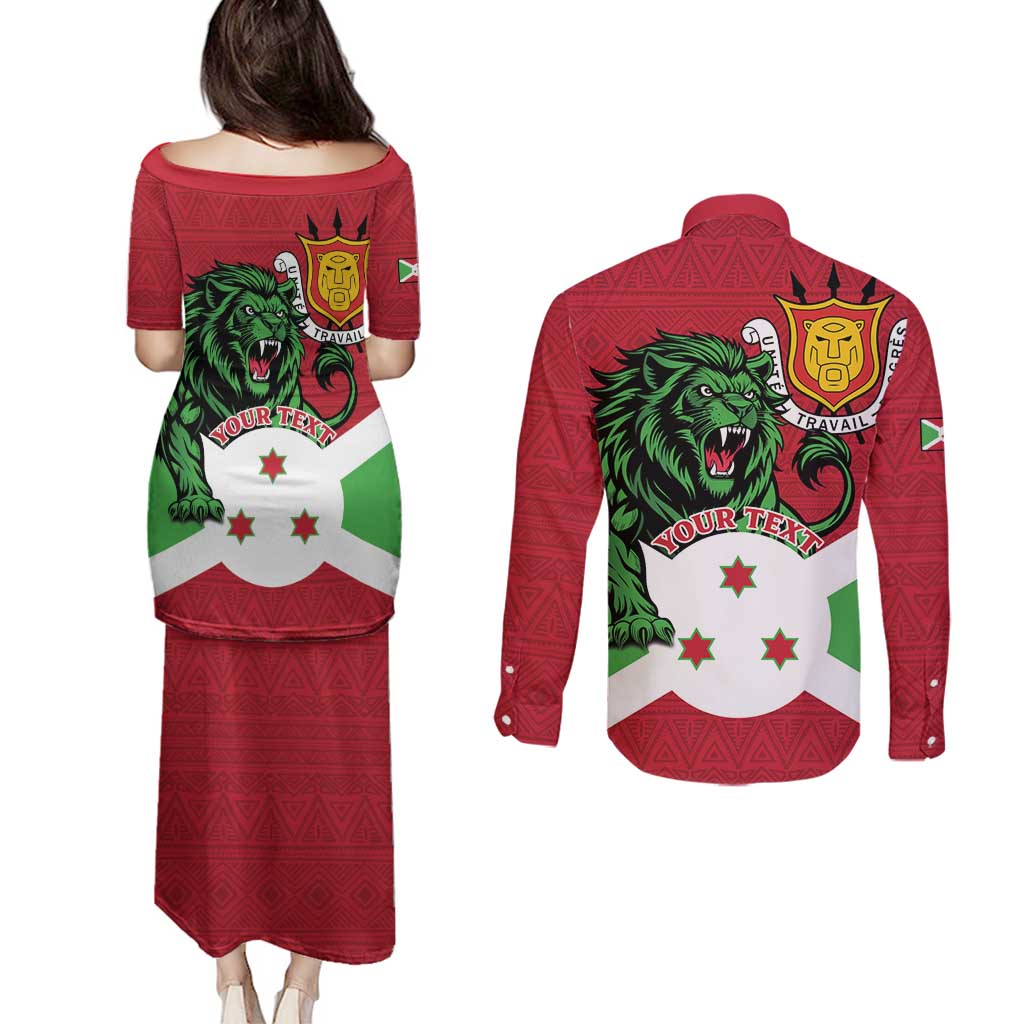 Personalized Burundi Couples Matching Puletasi and Long Sleeve Button Shirt Lion and Coat Of Arms - Flag Style