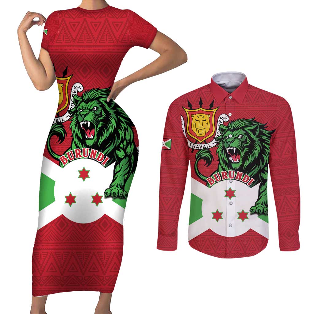 Personalized Burundi Couples Matching Short Sleeve Bodycon Dress and Long Sleeve Button Shirt Lion and Coat Of Arms - Flag Style